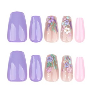LOVELAY CREATIONS Purple Pink Coffin Press-On Nails with 3D Flowers - 1 of 4