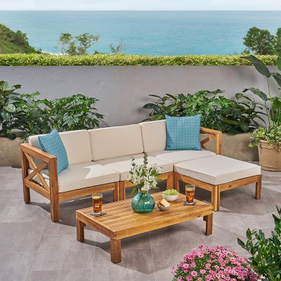 Teak and Beige Acacia Wood 3-Seater Outdoor Sofa Set with Ottoman