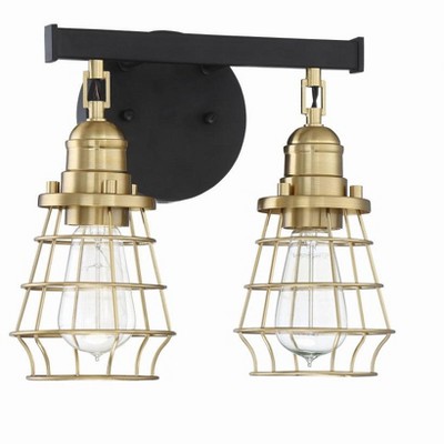 12" Black and Satin Brass Industrial Cage Wall Sconce