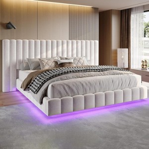 AMERLIFE Bed Frame with LED Lights and Upholstered Headboard, Velvet Platform with Floating Design - 1 of 4