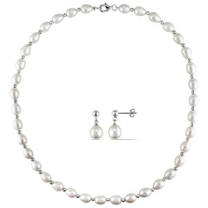 EVERLY JEWELRY | Sterling Silver 8-8.5mm Cultured Freshwater Pearl Necklace and Stud Earrings Set - 1 of 3