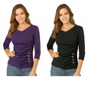 INSPIRE CHIC Women's V Neck 3/4 Sleeves Solid Knitted Buttons Decor Ruched Blouse 2 Packs - 1 of 4