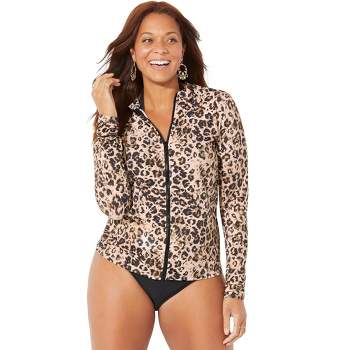 Swimsuits for All Women's Plus Size Chlorine Resistant Zip Up Swim Shirt