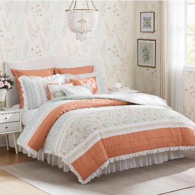 Lyngins 9-Piece Cotton Percale Comforter Set – Cottage Shabby Chic Paisley Print, Lace Taping, Oeko-Tex Certified, Cal King Bedding Set