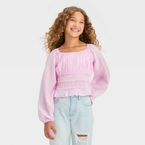 Girls' Long Sleeve Ruched Waist Woven Blouse Top - Art Class™ : Target