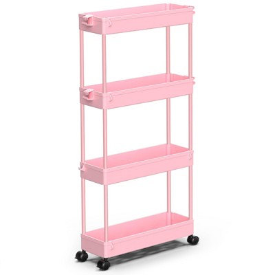 YIGII Slim Rolling Storage Cart 4 Tier Bathroom Organizer Utility Cart Mobile Shelving Unit Tower Rack for Kitchen,Laundry Room,Pink