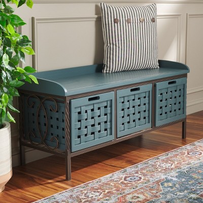 Isaac 43" Blue Pine Wood Storage Bench with Drawers