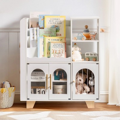 ROBOTIME Decorative Bookshelf Bookcase Wooden Book Shelf Storage Shelves, Kids Toy Storage Organizer, Living Room Furniture White, 6.42"*16.34"*35.16"