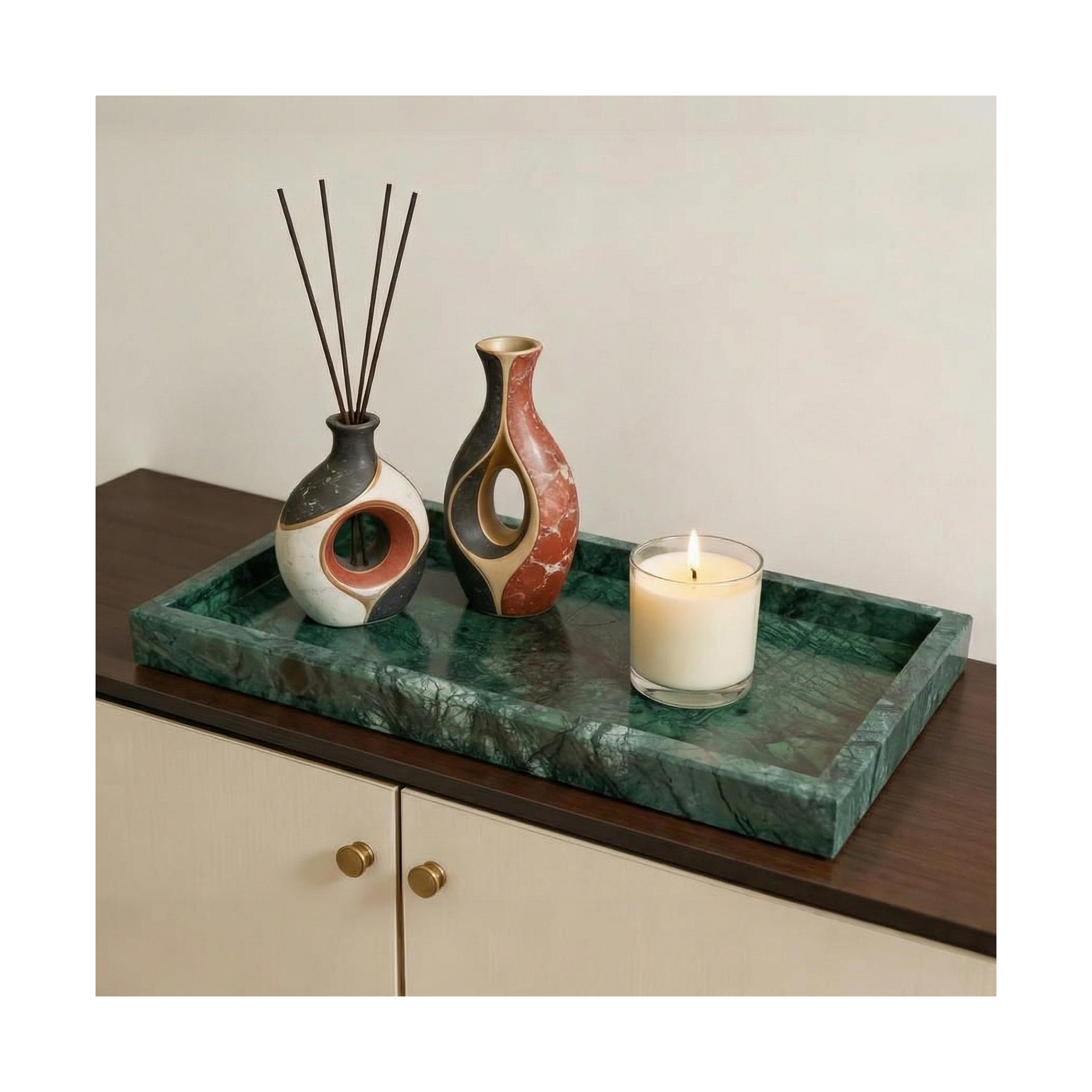Natural Marble Stone Tray for Bathroom, Rectangular Vanity Serving Tray with Non Slip Mats, Easy Cleaning for Kitchen Bath Dresser