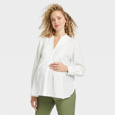 The Nines by HATCH™ Long Sleeve Pintuck Cotton Maternity Shirt Cream Striped