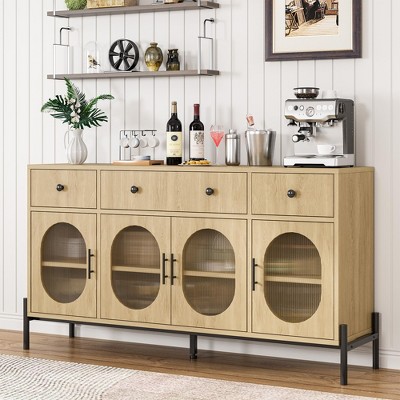 Whizmax 62" Large Sideboard Buffet Cabinet with Storage and 3 Drawers, Buffet Table Coffee Bar Storage Cabinet with 4 Glass Doors for Living Room