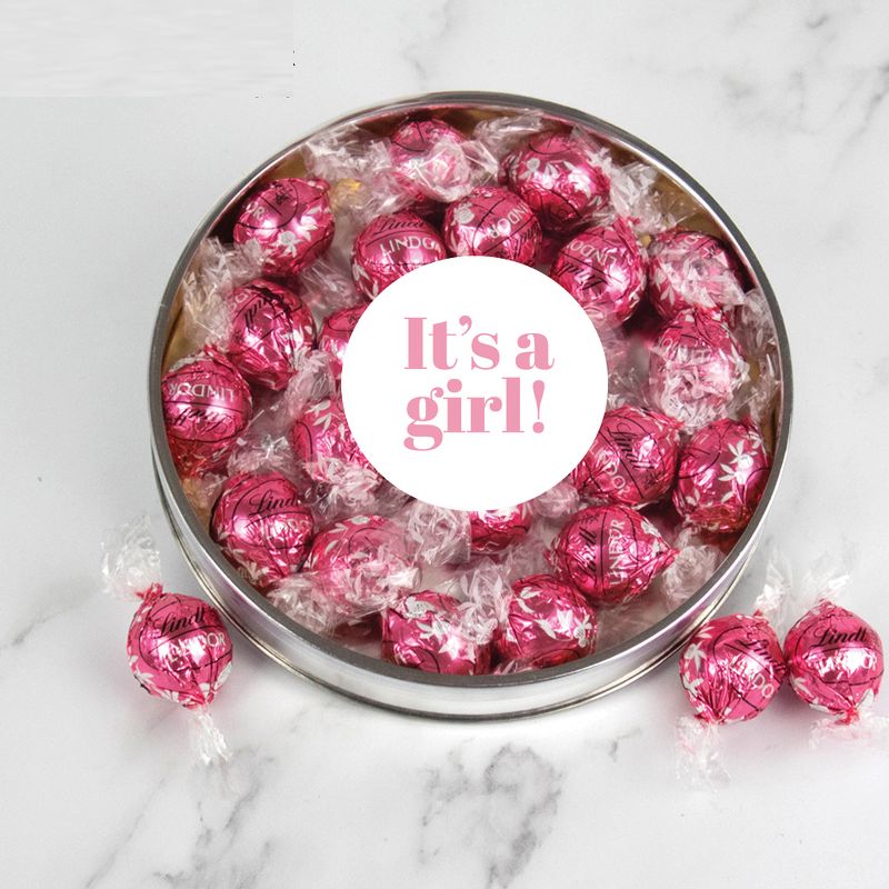 It's a Girl Baby Shower Candy Gift Tin with Chocolate Lindor Truffles by Lindt Large Plastic Tin with Sticker - By Just Candy, 1 of 3