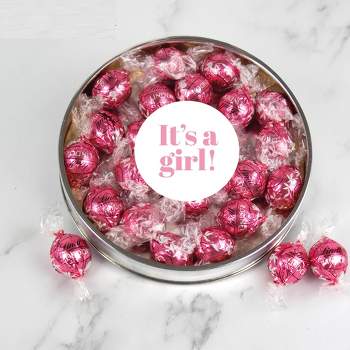 It's a Girl Baby Shower Candy Gift Tin with Chocolate Lindor Truffles by Lindt Large Plastic Tin with Sticker - By Just Candy