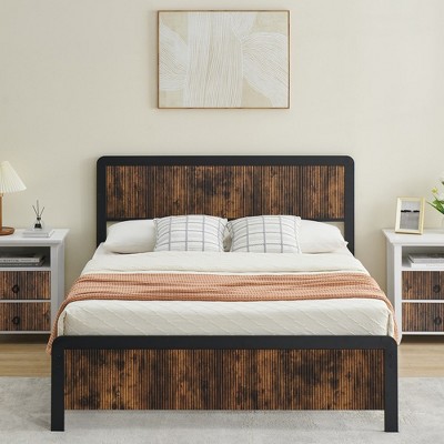 Garvee Platform Full/Queen Size Bed Frame with Wave Wood Headboard & Footboard, Strong Metal Slat Support, No Box Spring Needed