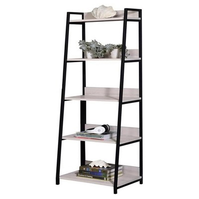 YONWAY Rectangular Leaning-Ladder Bookshelf with Open Compartments, Wooden Shelves and Metal Frames for Office, Living Room and Study Room