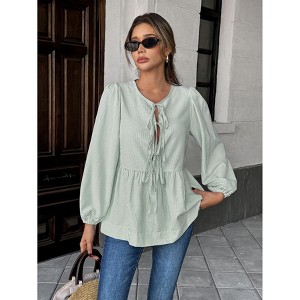 Womens Striped Puff Long Sleeve Tops Peplum Babydoll Tie Front Trendy Loose Fit Blouse Shirt - 1 of 4