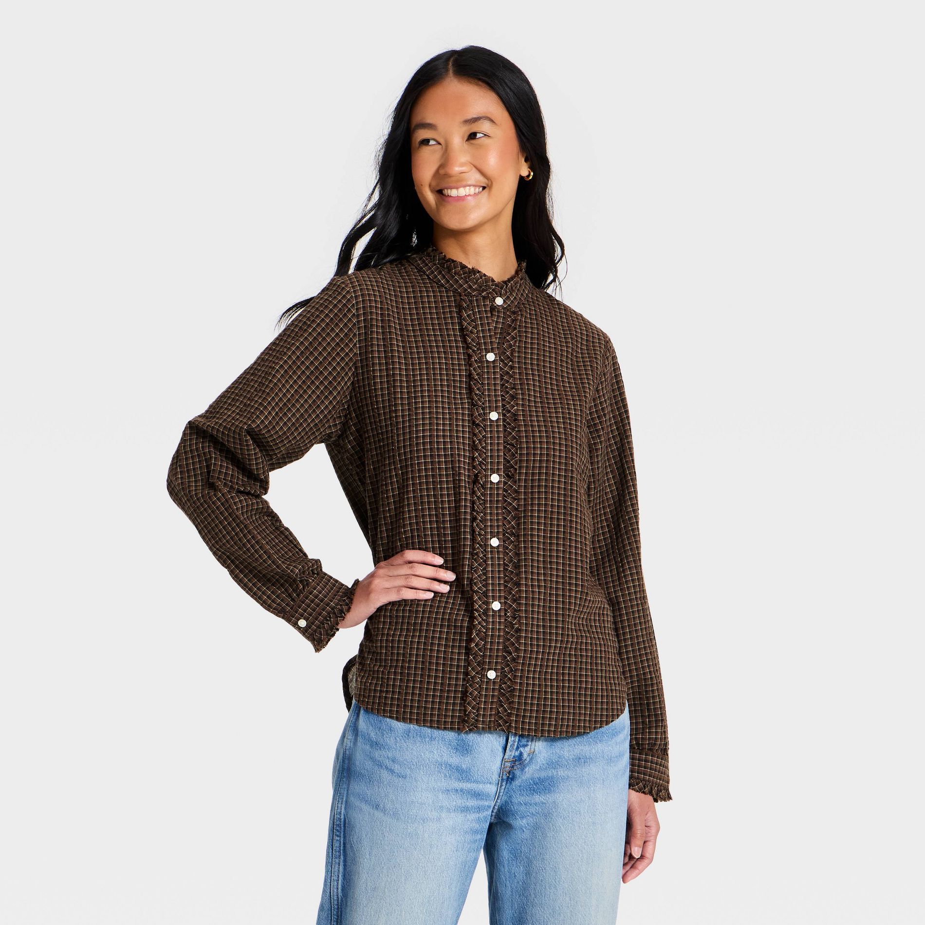Women's Ruffle Long Sleeve Button-Up Ruff Collared Neck Blouse - Universal Thread™