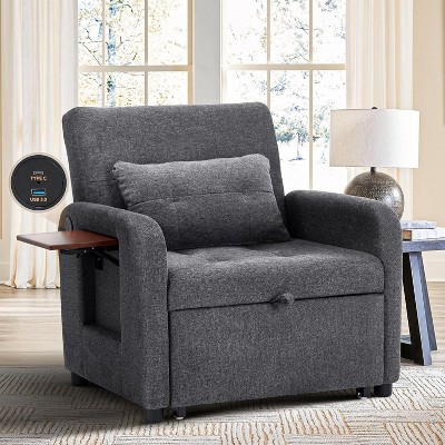 COLAMY Sleeper Chair, Fabric Sofa Bed with USB, Table, Pillow, Adjustable Back, for Dorm or Bedroom – Dark Grey