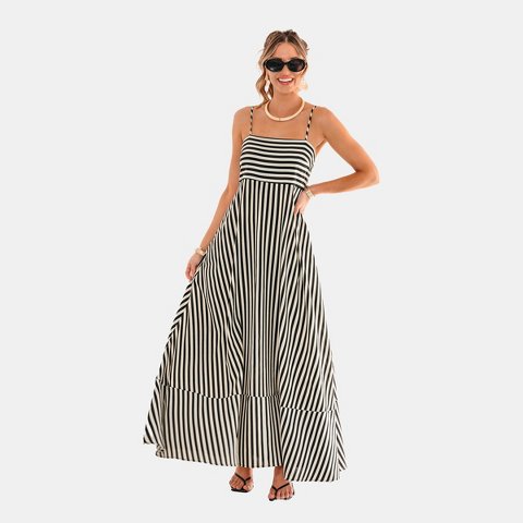Женские платья Cupshe Women‘s Striped Spaghetti Strap Maxi Tiered Dress-M-Black&Beige