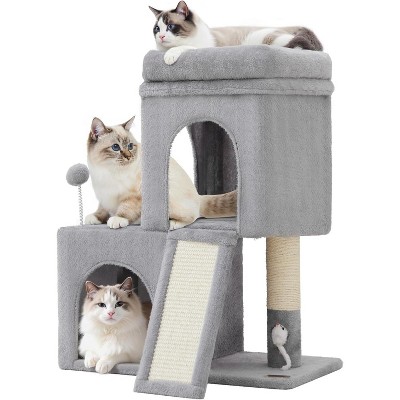 24inch Tall cat Tree with 2 cat condo and Mouse Toy Cozy Small cat Tower with Scratching Post and Board