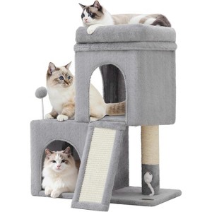 24inch Tall cat Tree with 2 cat condo and Mouse Toy Cozy Small cat Tower with Scratching Post and Board - 1 of 4