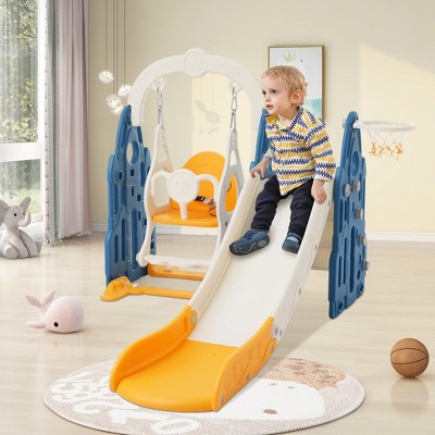 Blue and Orange 4-in-1 Toddler Slide Swing Set with Basketball Hoop