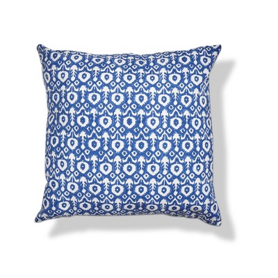 TAG 22"x22" Ikat Flower Block Print Cotton Accent Decorative Throw Pillow Poly Filled Removable Insert Square Machine Wash Blue