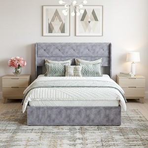 Okak Modern Gray Large-sized Platform Bed with Lifting Storage & Soft-padded Headboard,Upholstered Bed Frame for Primary Bedroom - 1 of 4