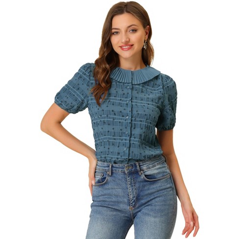 Allegra K Women's Floral Pleated Collar Puff Sleeves Button Down Shirt ...