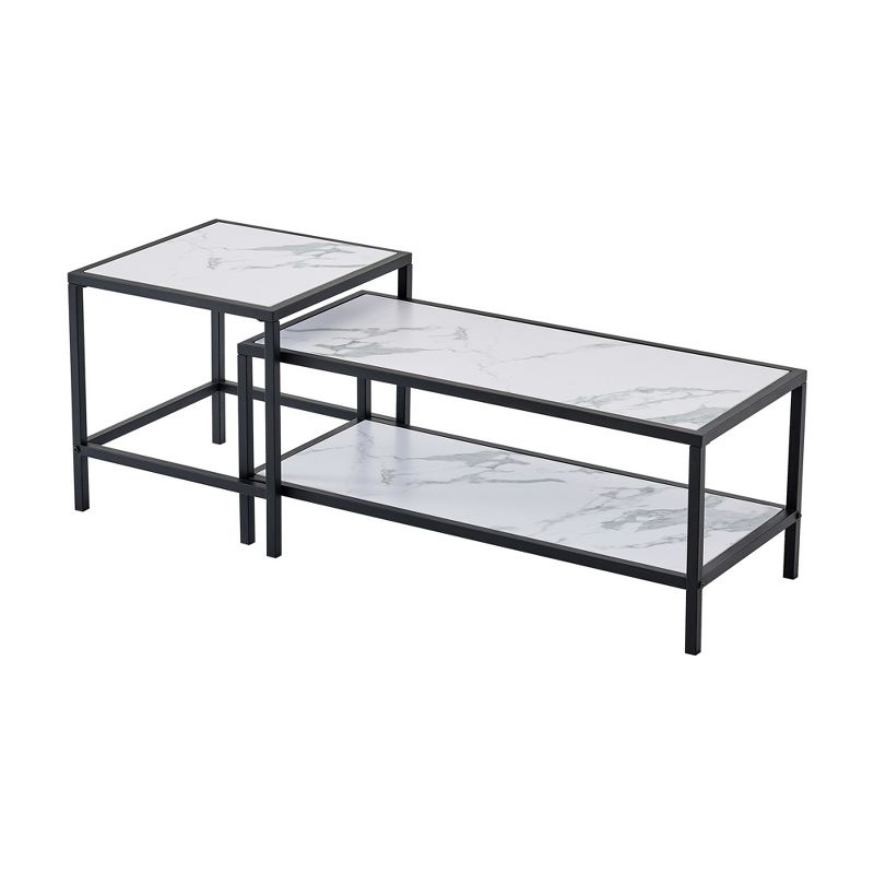 Modern Nesting Coffee Table, Black Metal Frame, Wooden Marble Color Top - ModernLuxe, 4 of 10
