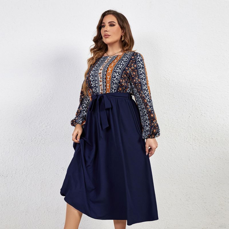 Women's Plus Size Navy Floral Belted Midi Dress - Cupshe, 2 of 7