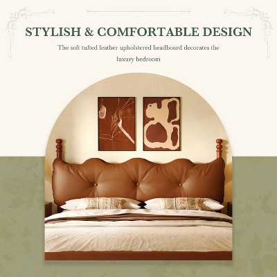 Queen Size Coffee Faux Leather Upholstered Bed with Tufted Headboard