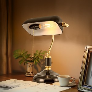 DORESshop 15 in. Black Glass Task and Reading Bankers Lamp with Gold Trim and Pull Chain Switch, Adjustable Desk Light for Office - 1 of 4