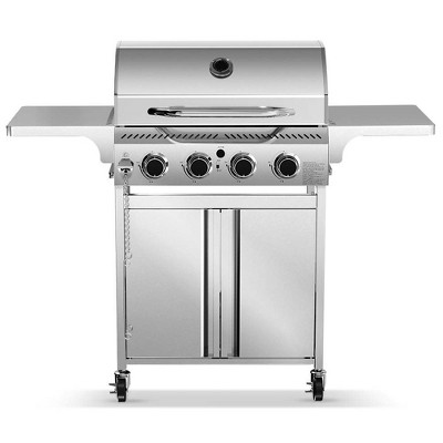 R.W.FLAME 4-Burner Propane Gas Grill, 32,000 BTU Stainless Steel BBQ with Lid, Wheels & Side Shelves for Outdoor Cooking, Patio, Garden & Camping