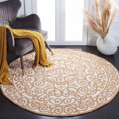 Ivory and Gold Hand-Hooked Round Wool Area Rug
