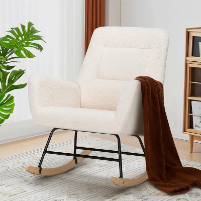 Baby Rocking Chair, Indoor Upholstered Rocking Chair with High Back Pulley Decorative Chair, Bedroom Upholstered Nursing Chair, Cream