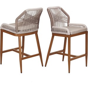 Woven Outdoor Counter Height Bar Stools Chairs Set of 2, Rattan Garden Counter Stools with Aluminum Frame with Backrest for Kitchen, Patio, Garden - 1 of 4