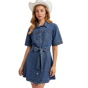 Knit & Lounge Women’s Short Sleeve Button Down Belted Denim Mini Dress Structured Fit Flared Hem Classic Collar - 1 of 4