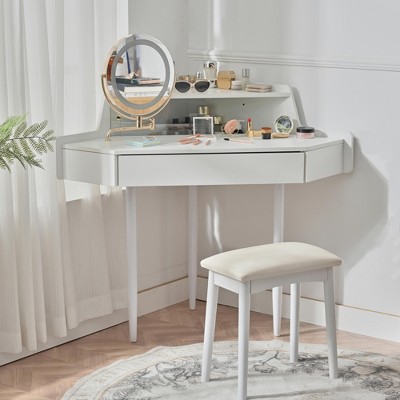 Corner Vanity Desk with Mirror & Stool, Makeup Vanity Table with Drawer for Small Places, Wooden Dressing Table for Bedroom Bathroom
