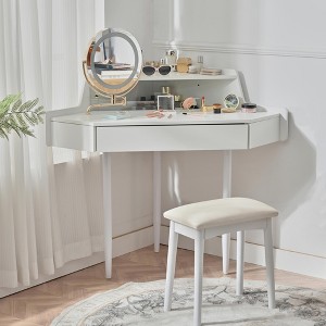 Corner Vanity Desk with Mirror & Stool, Makeup Vanity Table with Drawer for Small Places, Wooden Dressing Table for Bedroom Bathroom - 1 of 4