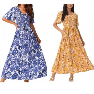 Seta T Women's Floral Short Flutter Sleeve V Neck Smocked High Waist Flowy Maxi Dress 2 Packs - 1 of 4