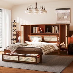 KTMBDW Twin Size Platform Bed Frame with 2 Storage Drawers and 8 Lockers, Platform Bed with Natural Rattan, Wooden Slats Support,Easy Assembly, Walnut - 1 of 4