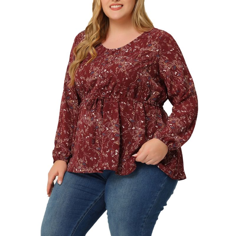 Agnes Orinda Women's Plus Size Round Neck Button Up Puff Floral Long Sleeve Casual Peplum Blouses, 3 of 7