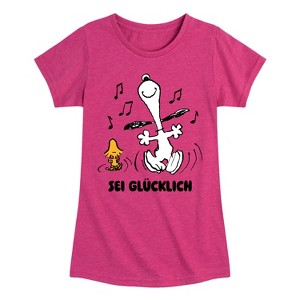 Girls' Peanuts Snoopy and Woodstock Be Happy German Fitted Short Sleeve Graphic T-Shirt - Heather Fuchsia - Small - 1 of 4