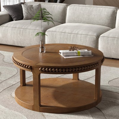 31.5" Walnut Round Solid Wood Coffee Table,2-Tier Farmhouse Center Table with Beaded Trim & Storage Shelf for Living Room-Baofuwish