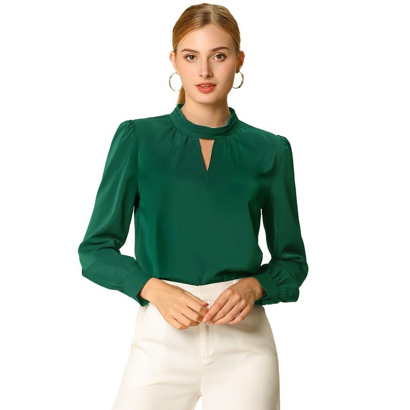 Allegra K Women's Office Keyhole Elegant Stand Collar Long Sleeve Chiffon Blouses, 1 of 8