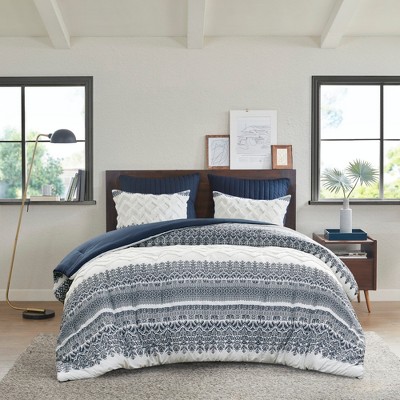 3Pcs Boho Style Cotton Duvet Set, Botanic Print Tufted Chevron Chenille Bedding, Farmhouse Bed Set with Matching Shams