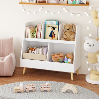 SKRAN Kids Bookshelf and Toy Organizer, 5 Cubbies Wooden Open Bookcase, 2-Tier Storage Display Organizer with Legs for Playing Room, Bedroom, White