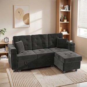 84 Inch Sleeper Sofa Couch, L-Shaped Sofa, Velvet Convertible Pull Out Sofa Bed with Storage, Side Table,Cup Holder, Modern Sectional Sofa - 1 of 4