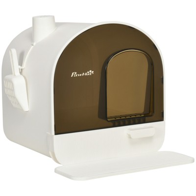 VisioGear Covered Litter Box, Litter Box with Lid, Scoop Enclosed Drawer  for Cats, White &Brown, 17"*17.3"*18.5"